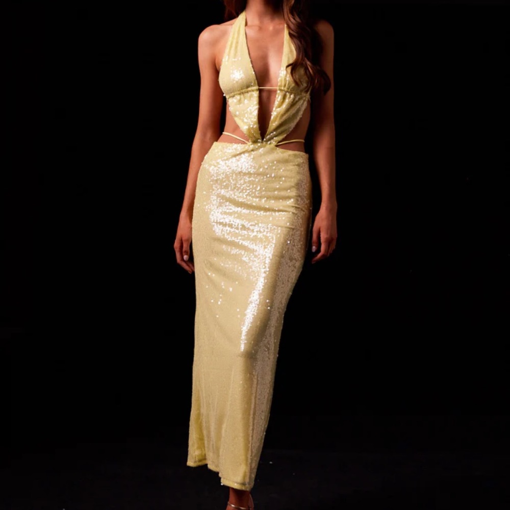Peopermayo Elara Sequin Maxi Dress in lemon spritz